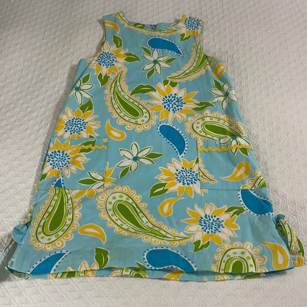 Lilly Pulitzer girls blue yellow big paisley floral shift dress sz 10 so pretty